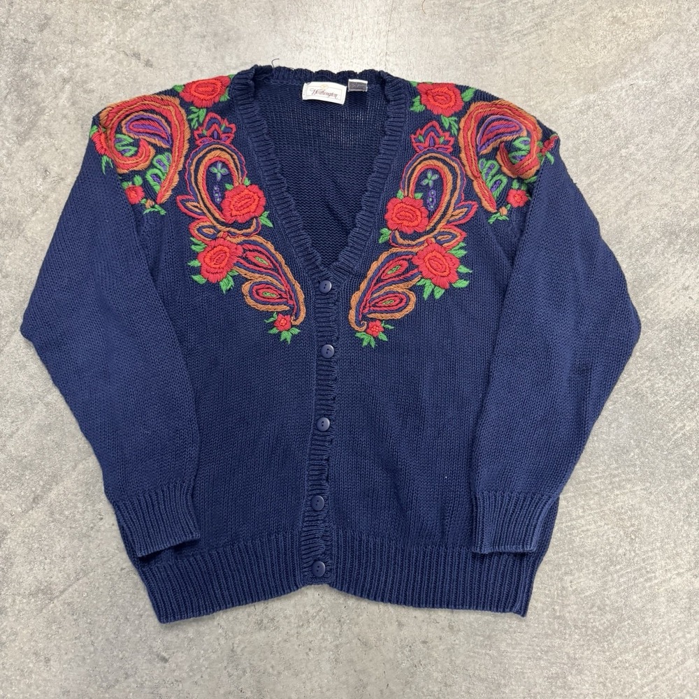 Vintage Women's Heavyweight Chunky Floral Sweater Embroidered Cottage Girlie L